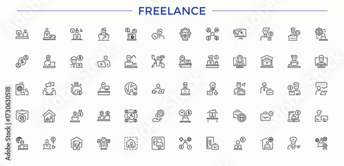 Freelance icon set. Contain linear sign freelancer, remote, work and more. Outsource icon collection. Isolated icons. Editable stroke.
