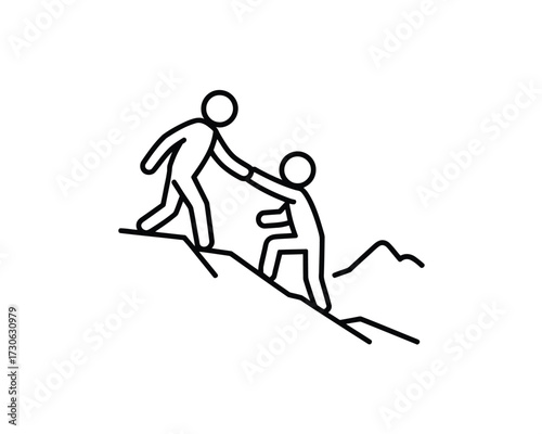 Minimalist line art vector graphic of two figures helping each other climb a mountain silhouette vector illustration white background