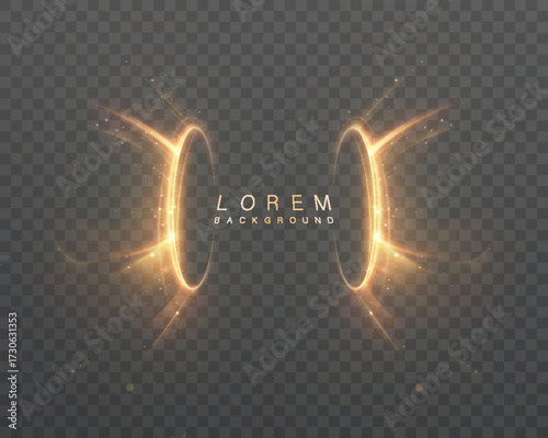 Golden glowing portal rings with shimmering energy trails on a transparent background. A futuristic gate effect for science fiction concepts and virtual scenes.