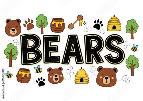 Cartoon bear cub character with a cute expression on a white background with copy space