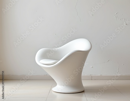 A modern bathroom setting featuring a white, curved backed chair with a unique