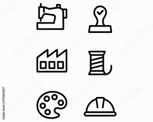 Diverse Industry and Craft Icons Representing Manufacturing, Quality Assurance, Production, Artistic Creation, and Safety Equipment in a Minimalist Line Art Style