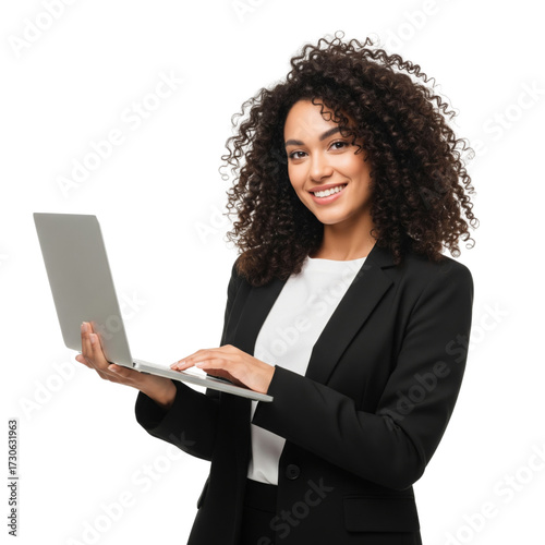 young business  woman holding laptop and smiling isolated on white