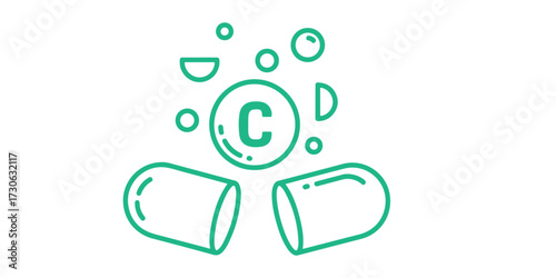 Vitamin C capsule with bubbles in green line art style representing health benefits and dietary supplements for immune system support and wellness