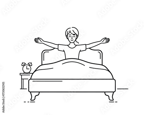 Vector line art illustration of a person waking up and stretching in bed with an alarm clock silhouette vector illustration white background