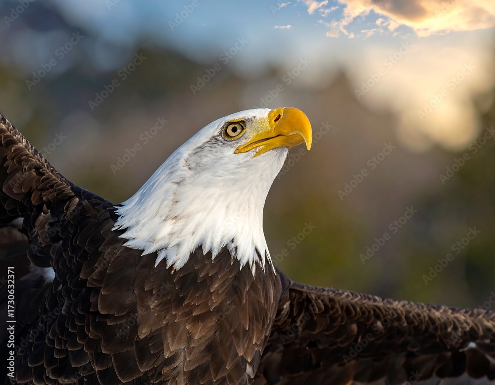 Fototapeta premium Bald eagle in flight, looking upward. Sunrise or sunset