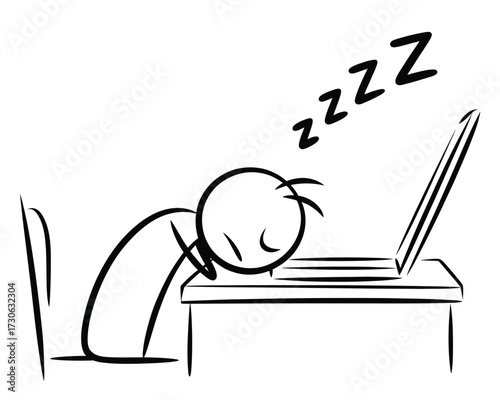 Simple black and white stick figure sleeping at desk with laptop vector illustration silhouette vector illustration white background