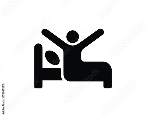 Simple black and white icon depicting a person waking up and stretching in bed vector illustration silhouette vector illustration white background