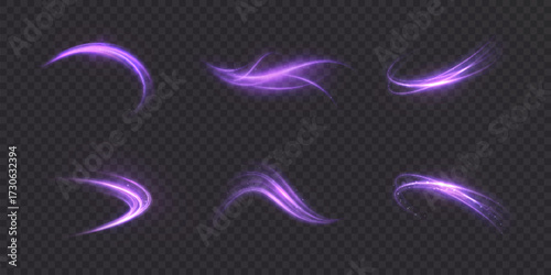 Set of glowing purple light swirls and curved trails on transparent dark background. Light effect for digital motion design, overlays and abstract energy effects.	