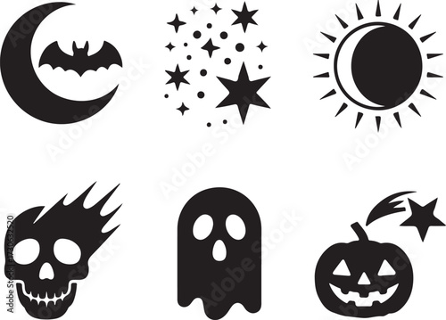 Celestial Halloween icon set moon bat silhouette vector