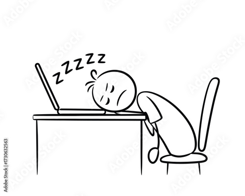 Vector illustration of a tired person sleeping at a desk with a laptop computer silhouette vector illustration white background