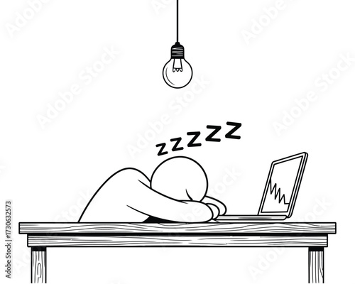 Minimalist vector line art illustration of person sleeping at desk with laptop silhouette vector illustration white background