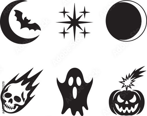 Celestial Halloween icon set moon bat silhouette vector