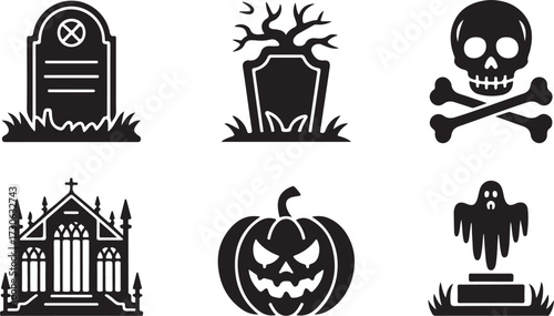 Cemetery Halloween icon set tombstone coffin skull silhouette vector