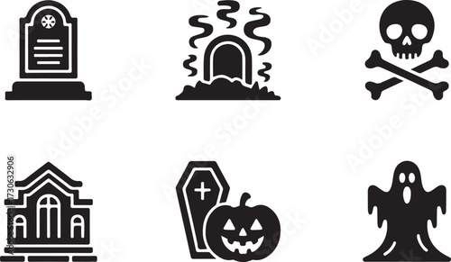 Cemetery Halloween icon set tombstone coffin skull silhouette vector