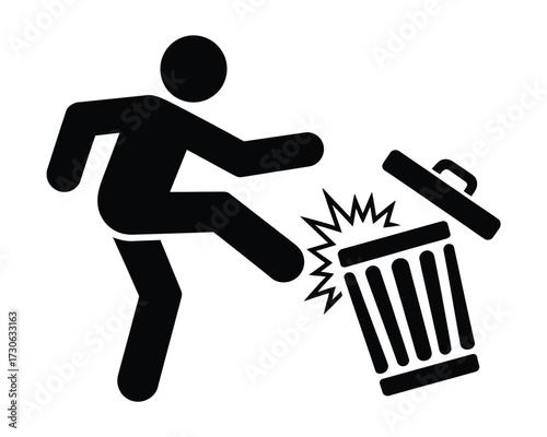 Pictogram man kicking trash can vector icon illustrating garbage disposal and cleanliness themes silhouette vector illustration white background