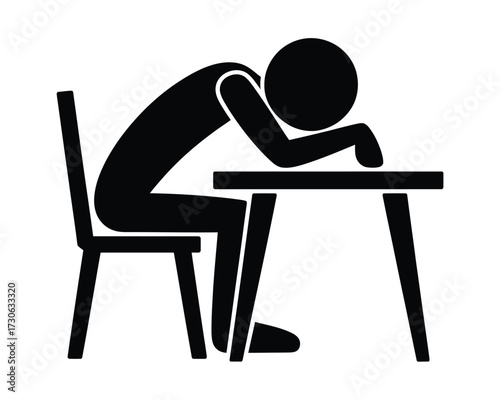 Exhausted stick figure sleeping at desk icon vector illustration scalable eps graphic silhouette vector illustration white background