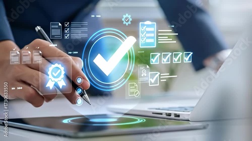 Quality Assurance: A meticulous professional diligently examines documents, emphasizing standards compliance, with a digital interface. Capturing the essence of quality assurance, inspection.
