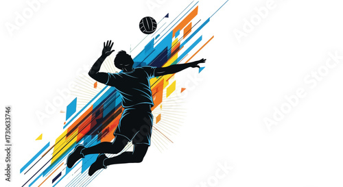 Silhouette of a volleyball player spiking the ball against a colorful, abstract background.