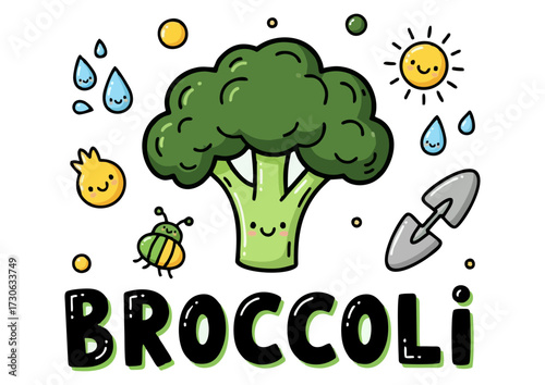 Cute cartoon broccoli character illustration with a happy expression on white background
