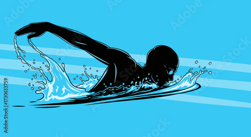Silhouette of a swimmer in motion, creating splashes in blue water, showcasing the butterfly stroke.