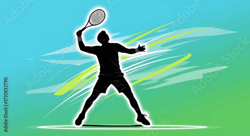 A silhouette of a tennis player in an energetic serving motion with a racket against a vibrant blue and green abstract background.