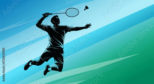 Silhouette of a male badminton player jumping high to smash the shuttlecock against a stylized blue and green background.