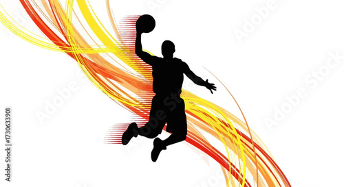 Silhouette of a basketball player mid-air, about to shoot the ball, set against vibrant, flowing lines.