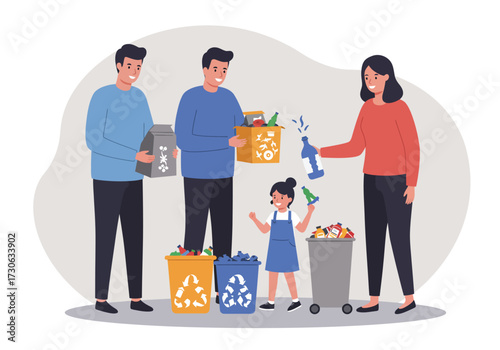 A family recycles with two men a woman and a child sorting waste into bins