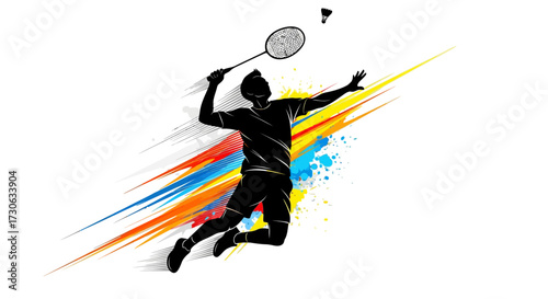 Silhouette of a badminton player executing a powerful overhead smash, with vibrant colorful streaks.