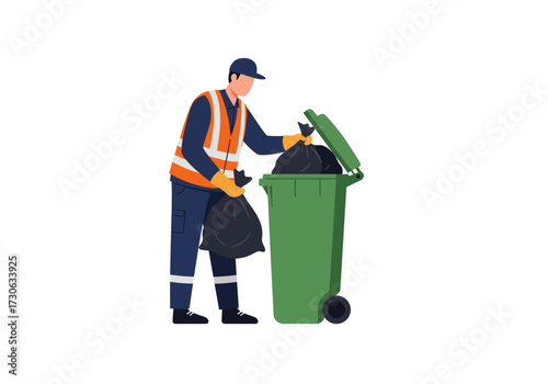 A garbage worker is throwing garbage bags into a green dumpster with wheels