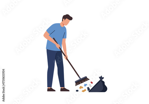 A figure sweeps trash towards a black bag dressed in blue suggesting cleanup or maintenance