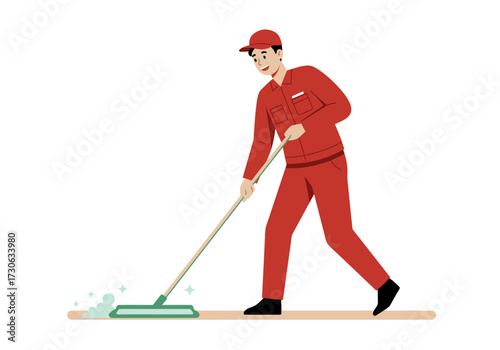 A man in red uniform is mopping a floor with a green mop