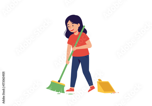 A woman sweeps with a green broom beside a yellow dustpan on a white background