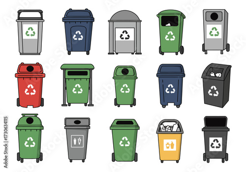 An array of colorful trash and recycling bins in various styles and sizes
