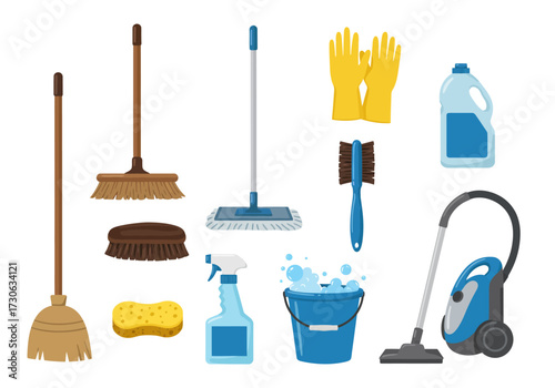 An assortment of cleaning supplies arranged including brooms gloves a bucket spray bottle and vacuum cleaner