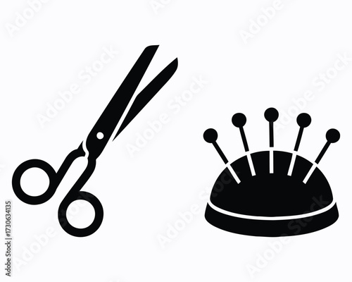 Black and White Sewing Essentials A Graphic Silhouette Featuring Scissors and a Pin Cushion Perfect for Crafts and Design Projects