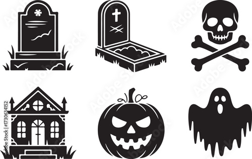 Cemetery Halloween icon set tombstone coffin skull silhouette vector