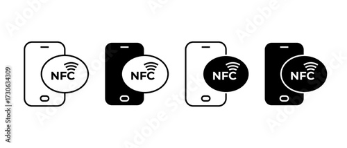 NFC Icon Set. Smartphone with NFC technology symbol. Contactless payment, mobile wallet, cashless transaction concept