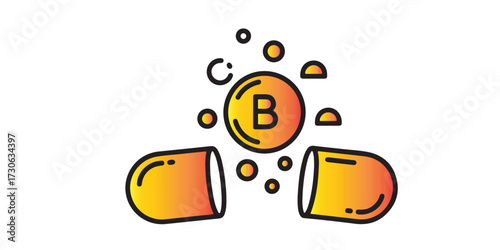 Vitamin b complex supplement capsule with floating nutrients for health and wellness is shown in a modern graphic style