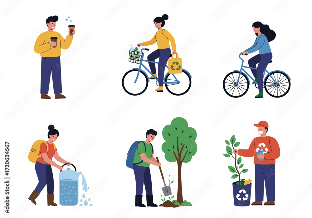 Fototapeta premium 6 images display people practicing environmentalism cycling planting trees watering plants