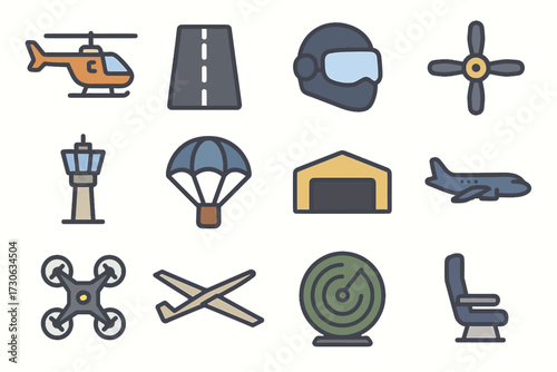 Aviation icons: helicopter, runway, pilot helmet, propeller, control tower, parachute, hangar, airplane