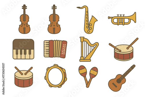 Collection of musical instruments including violin, saxophone, trumpet, and guitar