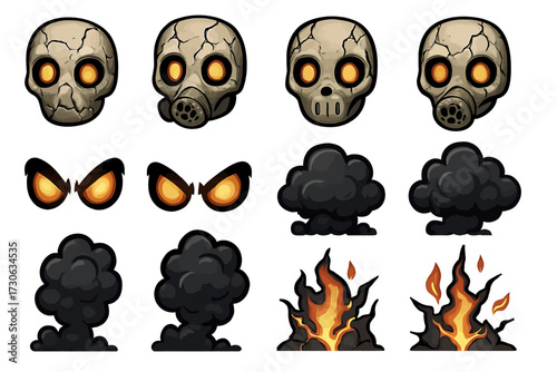 Cartoon skulls and explosions with fiery elements on white background