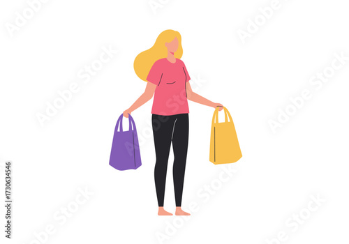 A blonde woman holds a purple and yellow shopping bag