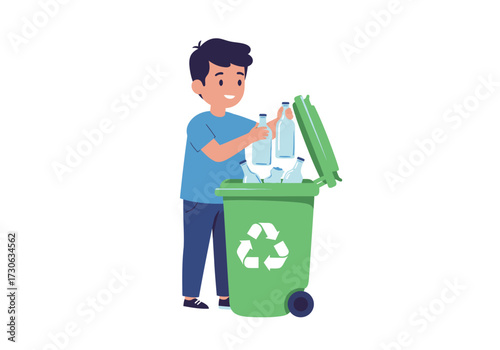 A boy places glass bottles into a green recycling bin