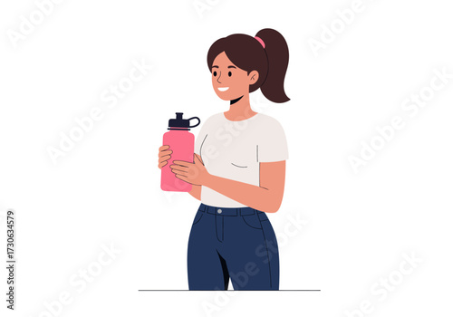 A cartoon woman holds a pink water bottle and wears jeans with a white tshirt