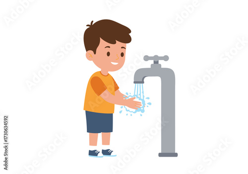 A boy is washing his hands with running water from a metal faucet showing good hygiene