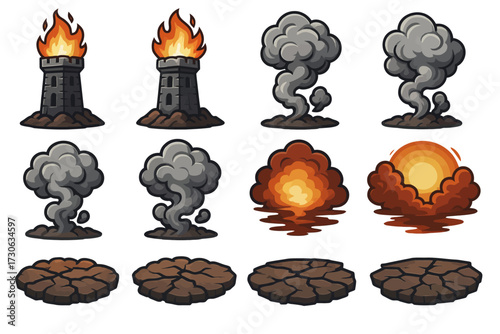 Cartoon explosion effects: burning towers, smoke, craters, and blast illustrations