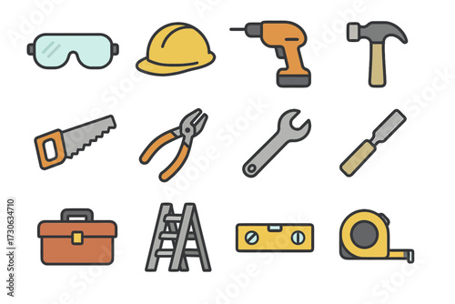 Colorful tool icons collection: hammer, drill, hard hat, and more